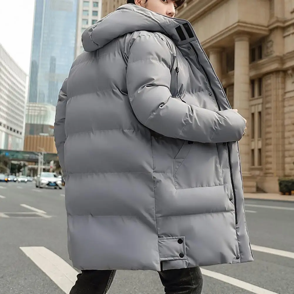 Winter Down Coat Hooded Thickened Solid Color Padded Cardigan Keep Warm Midi Length Zip Up Plus Size Men Winter Coat for Daily