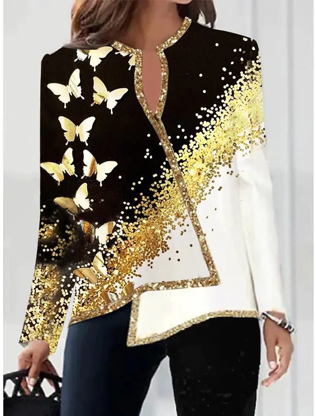 

Модные женские блузки 2023 Весна 3D цифровая печать цветочный Повседневный v-образный вырез длинный рукав асимметричный подол Повседневный Топ Y2K одежда