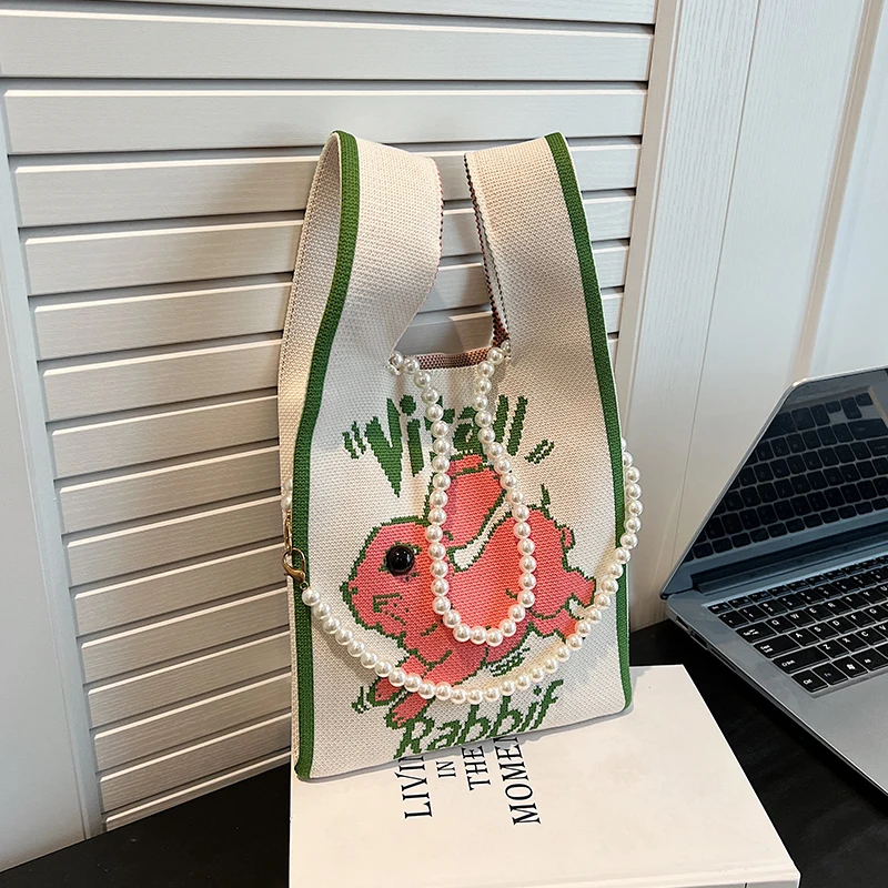 

Women Casual Bags Handbag Fashion Knitted Shoulder Bag Japanese Style Cute Cartoon Kawaii Bag Retro Pearl Chain Crossbody Bag