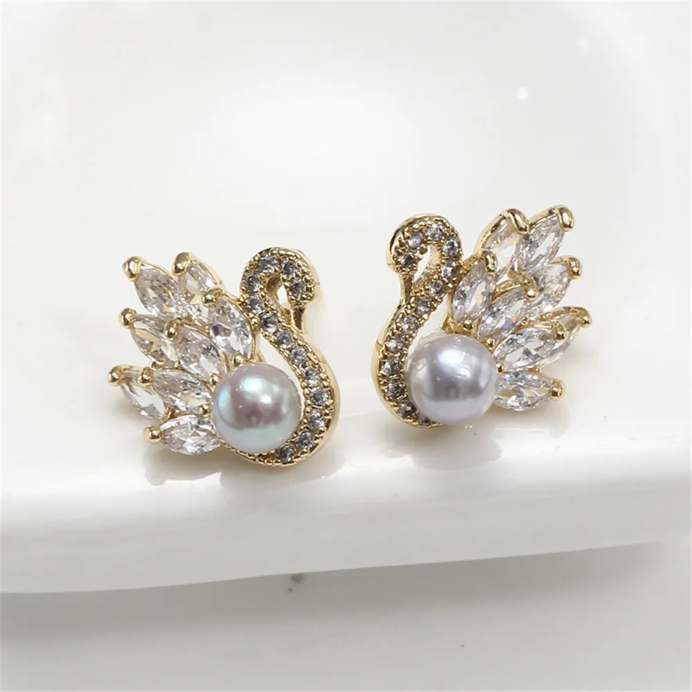 

Gold plated K gold craft Swan zircon pearl ear stud earpin 925 silver DIY accessories