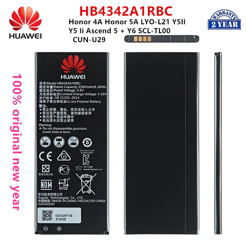 

Hua Wei 100% Orginal HB4342A1RBC 2200mAh Battery For Huawei Honor 4A Honor 5A LYO-L21 Y5II Y5 Ii Ascend 5 + Y6 SCL-TL00 CUN-U29