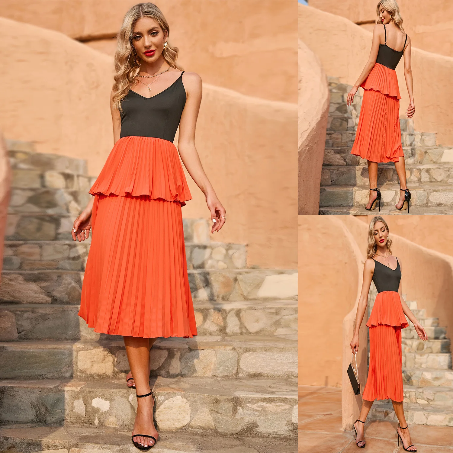 

2022 Summer Sling Contrast Color Black Pleated Dress Long High Waist Midi Dress Sleeveless V Neck Sexy Fashion Casual