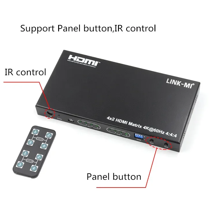 Фото Матричный HDMI-коммутатор LINK-MI 4K 60Гц 4x2 с аудио, EDID-сплиттером и ИК-портом для ПК, PS3, усилителя №5