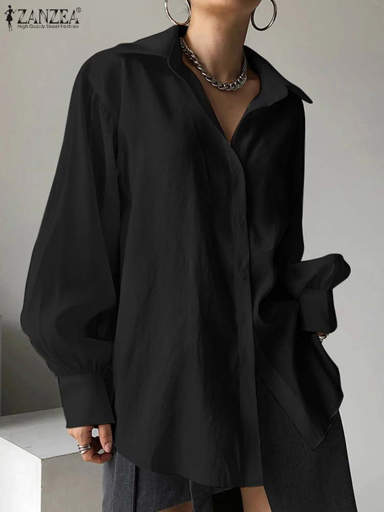 

Повседневная Туника ZANZEA, топы белого цвета, стильная женская элегантная блузка с отложным воротником и длинным рукавом-фонариком, однотонн...