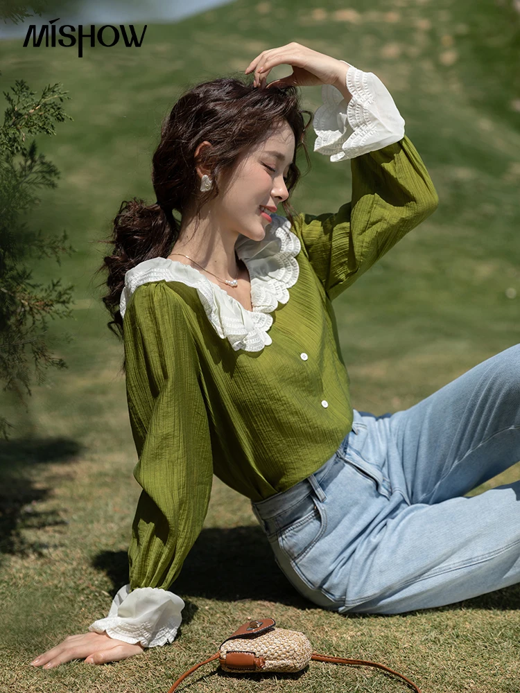 

MISHOW 2022 Spring Shirt For Women Long Sleeve Lace Peter Pan Collar Flare Sleeve Female Tops Elegant Clothing MXB14C0286