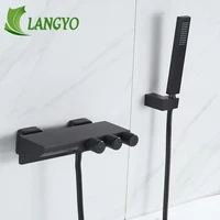 LANGYO Black/Gold Bathtub Shower Faucets Set Hand Held Spray Waterfall Spout Wall Mounted Shower Unit Bathroom Brass Shower Taps