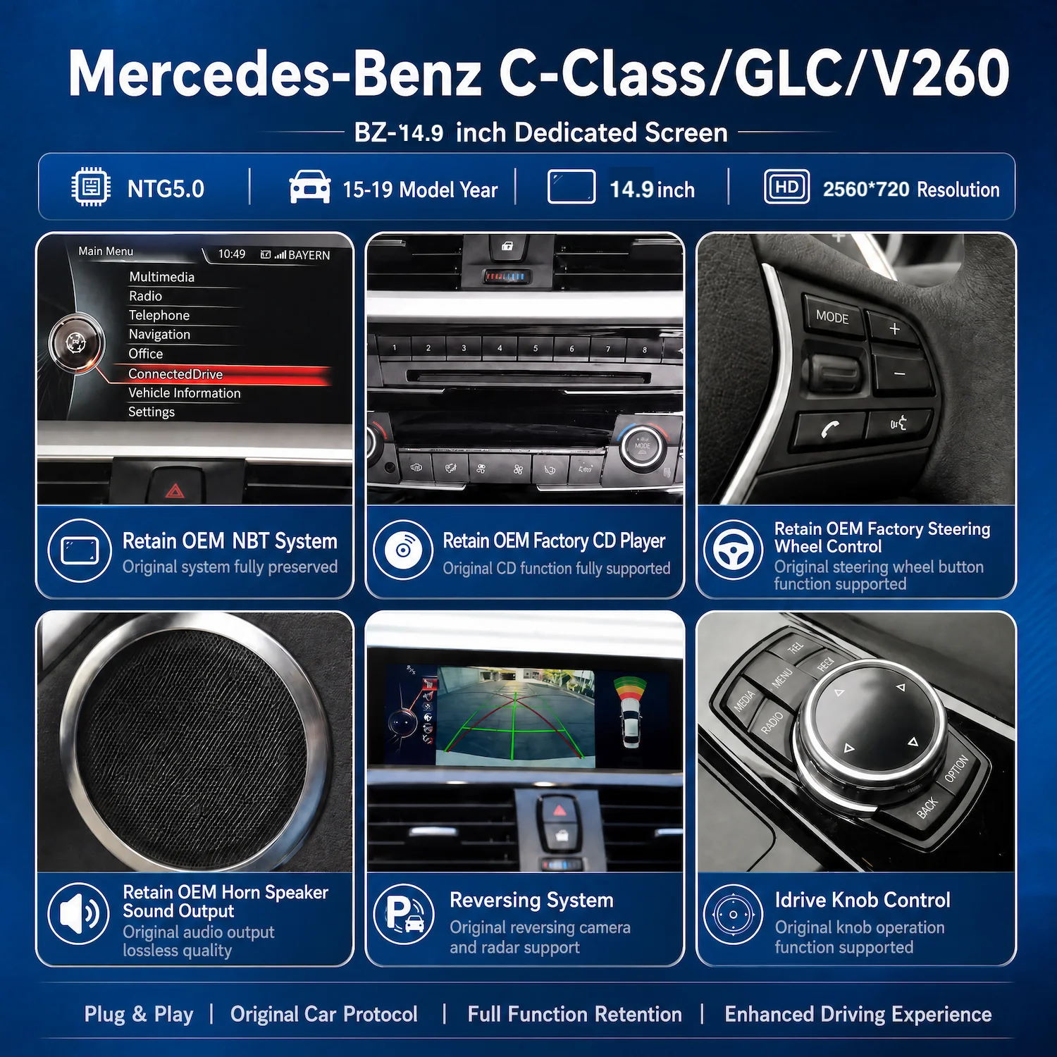 Фото 14,9-дюймовая Android-навигация для Mercedes Benz C GLC V260 2015-2019 NTG5.0 с поддержкой Wi-Fi, 4G, CarPlay, Android Auto и камеры заднего вида №5