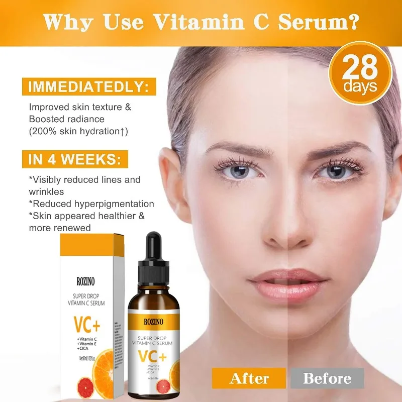 

Сыворотка для лица с витамином C содержит витамин е для удаления затухающей желтой кожи, укрепляющей, осветляющей, увлажняющей и омолаживающей эссенции