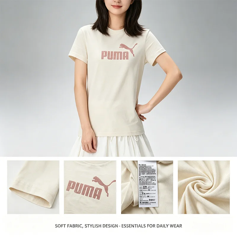 Женская хлопковая футболка PUMA с круглым вырезом и блестящим принтом, повседневная, для тренировок, с коротким рукавом, 694455-87 (art.: 3920dba9969ee) - 3920dba9969ee