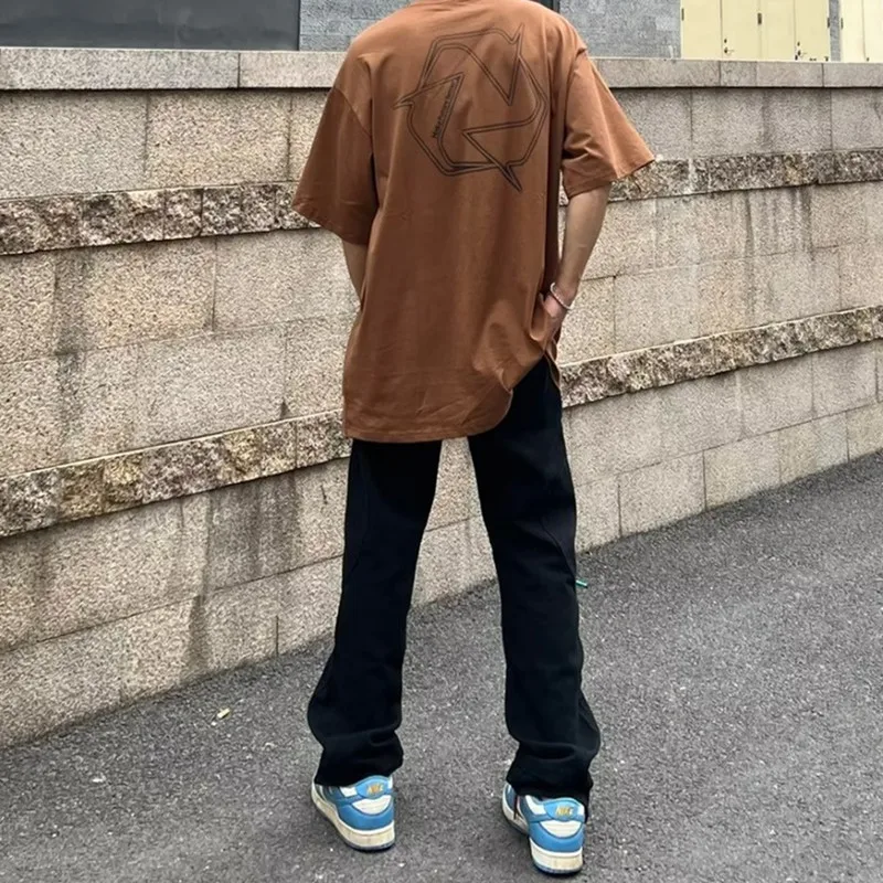 New Fashion Letter Embroidery Vintage Brown Men Cargo Jeans Pants Ankle Zipper Hip Hop Baggy Straight Denim Trousers Pantalones