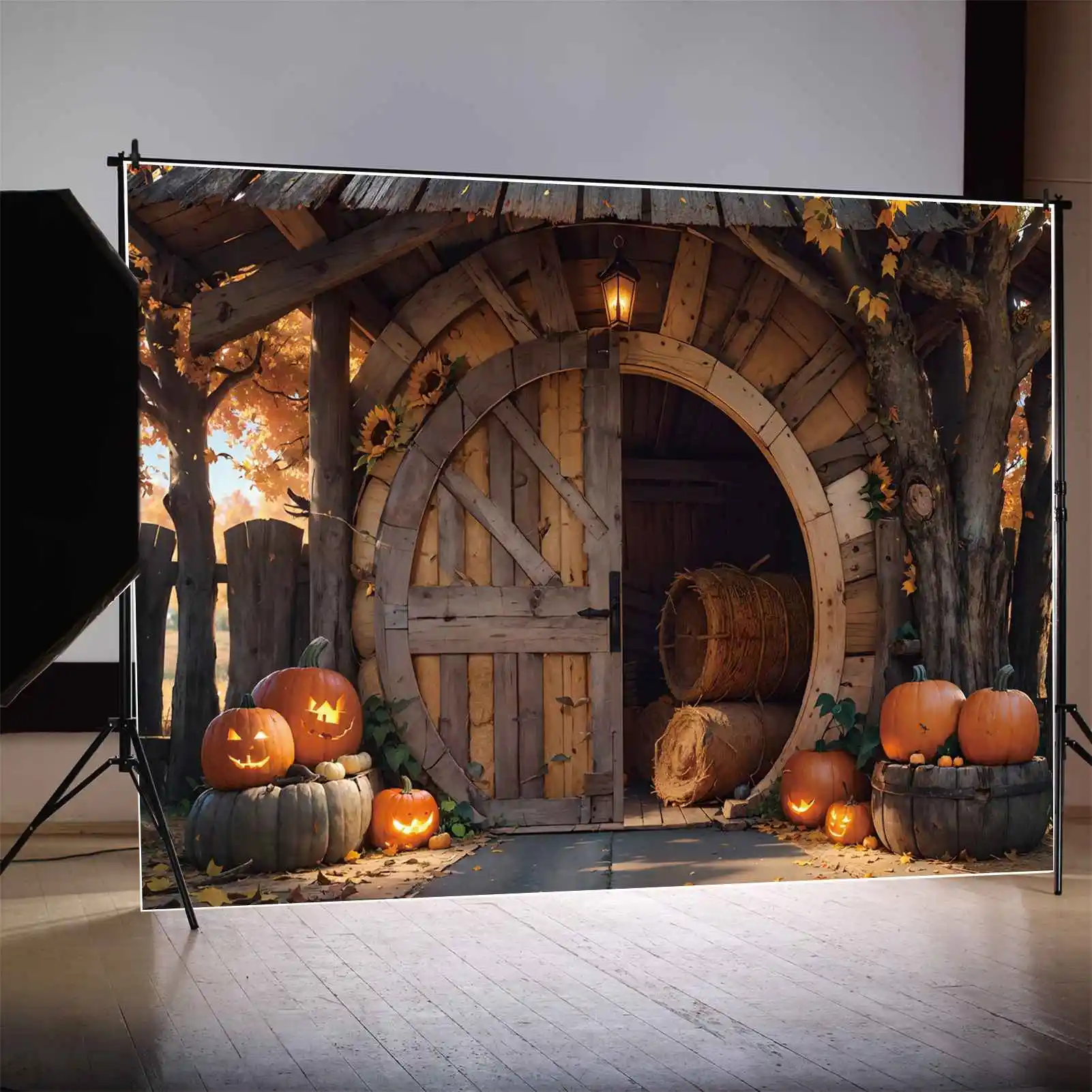 

MOON.QG Photography Backdrop Halloween Farm Wooden House Arch Door Photo Booth Background Custom Baby Party Photographic Props