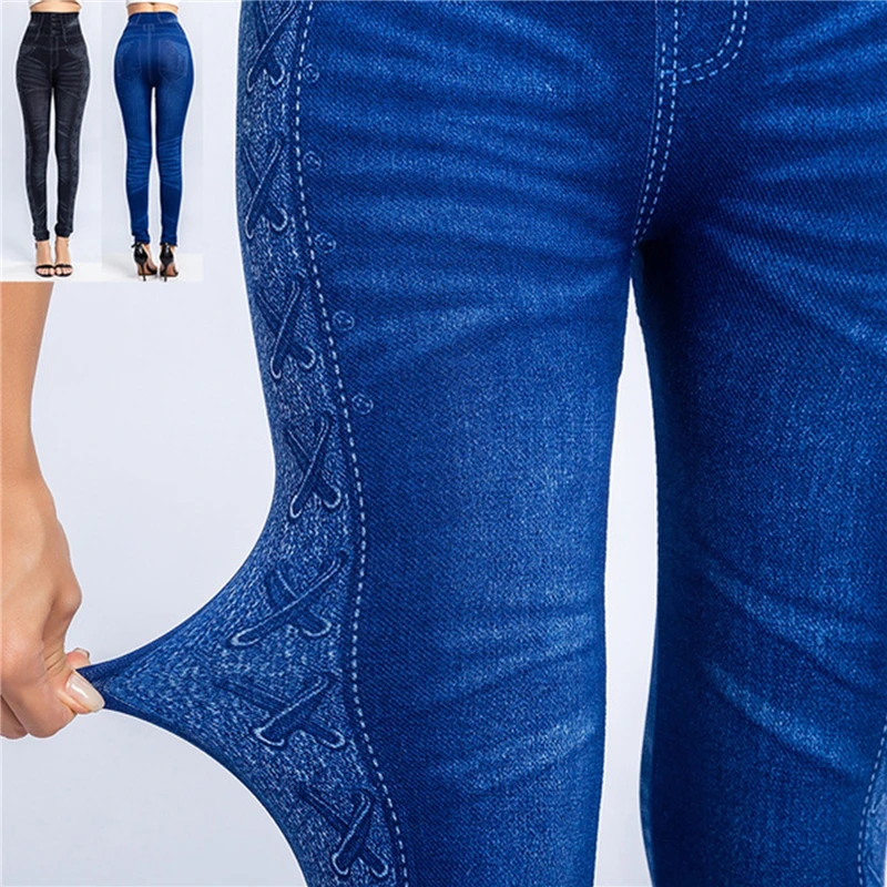 

Women 2022 Imitation Distressed Denim Jeans Leggings Casual High Waist Slim Elastic Pencil Pants Fitness Workout Fashion Legging