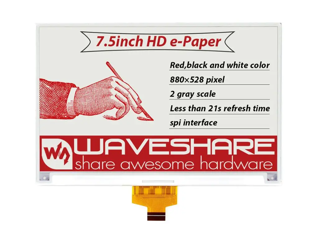 

Waveshare 880*528, 7.5inch E-Ink raw display, red / black / white three-color