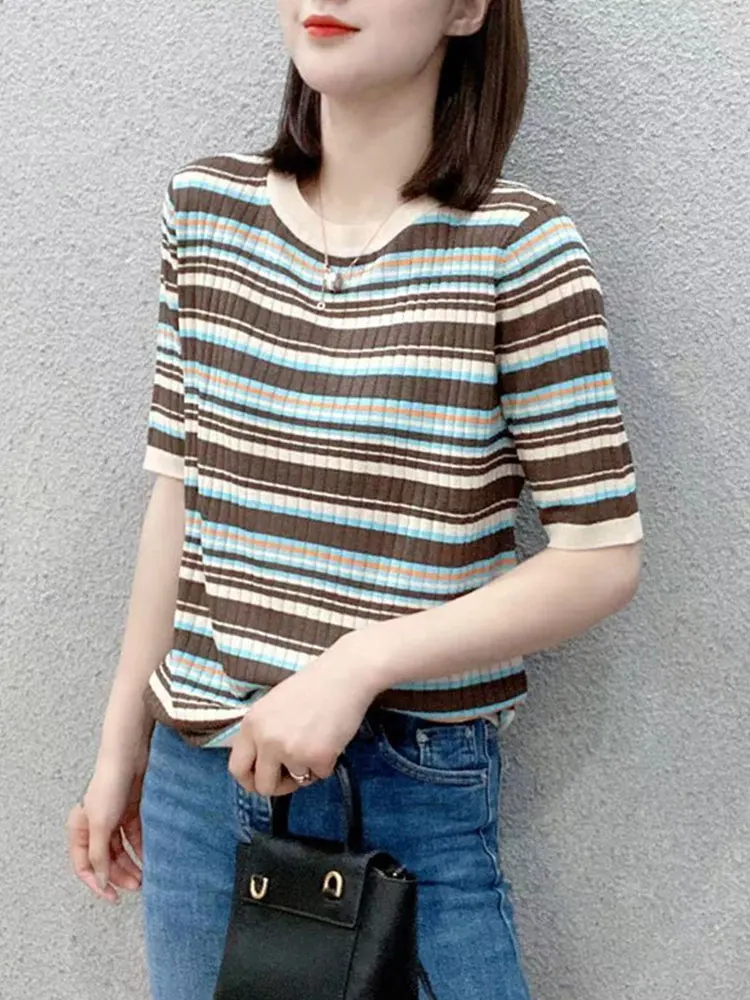 

Knit Top Women 2022 Summer Striped Short Sleeve Casual T-shirts O Neck Fashion Loose Tee Shirt Femme Tshirt Vintage Clothes Tops