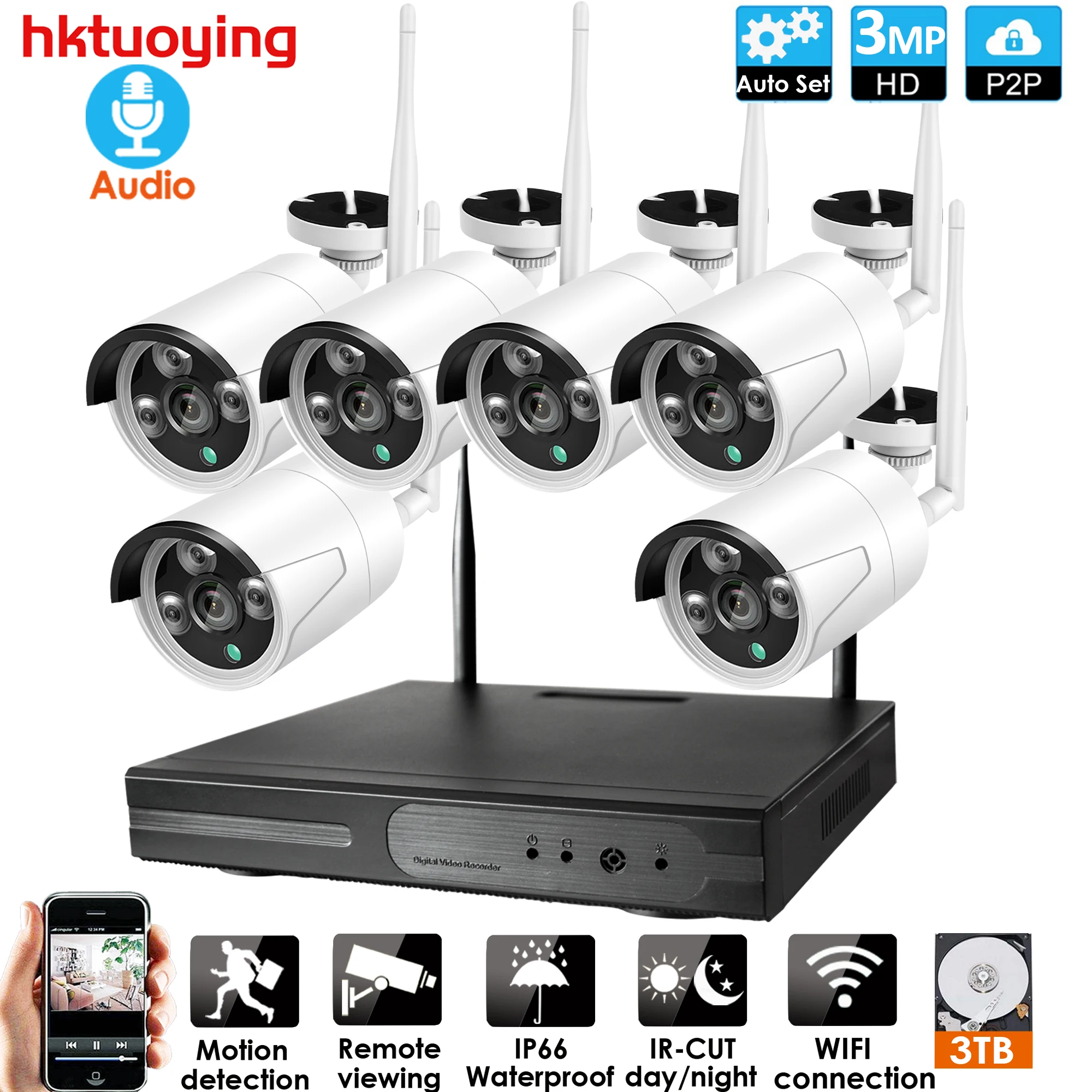 Plug and Play 6CH Audio 3MP HD Wireless NVR Kit P2P Indoor Outdoor IR Night Vision Security 1080P IP Camera WIFI CCTV System