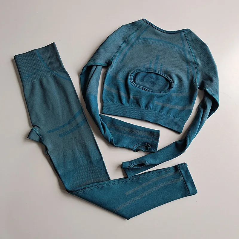 2Pcs Yoga Set Women Long Sleeve Navel revealing Crop Top T-Shirt Leggings Outfit Clothes Gym Wear Fitness Suit Sport Sets