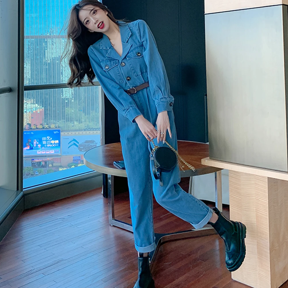 

New Autumn Women Solid Denim Jumpsuits Long Sleeve Turn Down Collar Denim Cargo Casual High Waist Straight Loose Rompers