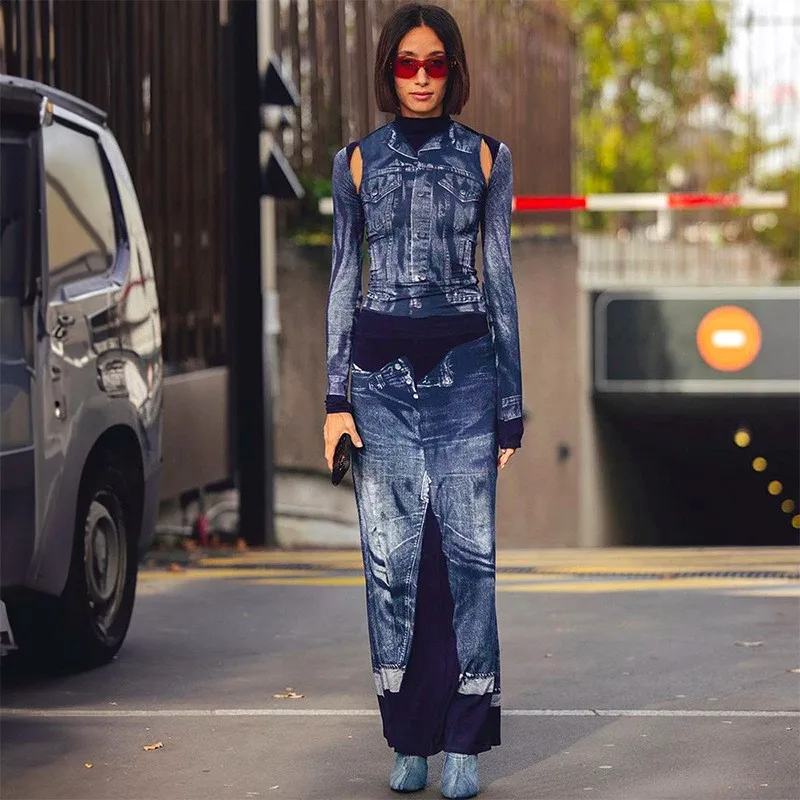 

Beach Outlet Women Swim Wear Clothes For Summer 2023 New Denim Print Neck Long Sleeve Slim Hollow Out Dress Solid Spandex