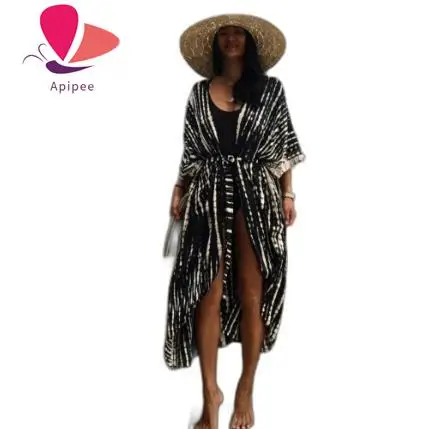 

APIPEE Summer Women Vintage Kimono Swimwear Halo Dyeing Beach Cover Up With Sashes Oversized Long Cardigan Holiday Sexy Covers