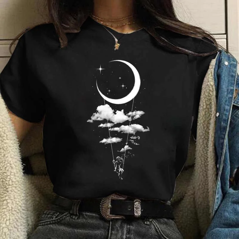 

Забавная женская футболка в стиле Харадзюку в стиле 90-х с изображением девушки Луны, черная женская футболка с мультяшным графическим принтом, повседневная женская футболка, кавайная футболка