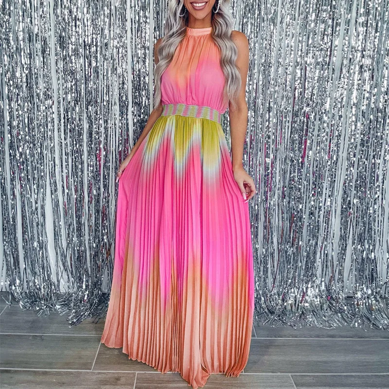 

Элегантное плиссированное платье с круглым вырезом для женщин, лето 2023, сексуальные Макси-платья с высокой талией, повседневное ДРАПИРОВАННОЕ драпированное платье без рукавов