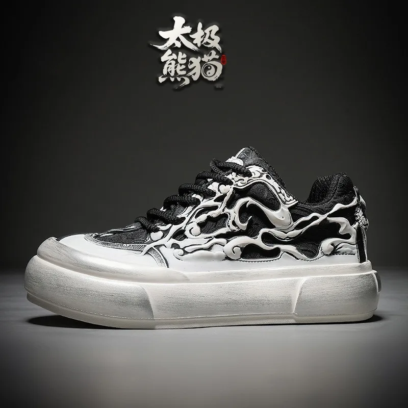 Фото Мужские кроссовки Tai‑Chi Panda Totem Board Shoes 2026, низкие, из дышащей ткани, с резиновой подошвой, износостойкие, на шнуровке, черно-белые №3