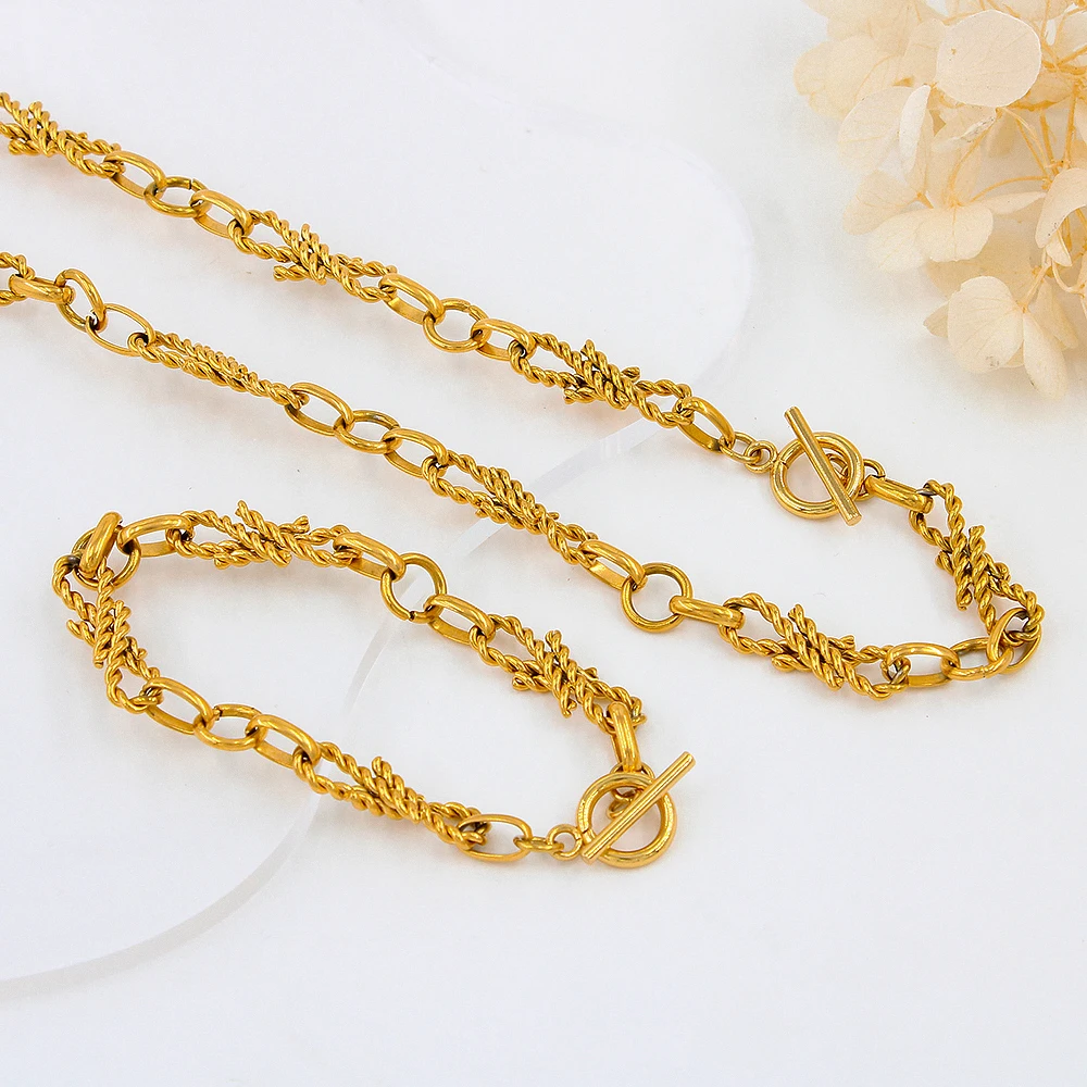 

Stylish Fine Polished Hoop Link Chain Choker Necklace Bracelets Bangles Stainless Steel Gold Plated OT Clasp For Women Jewelry