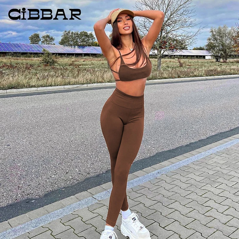 

CIBBAR Summer Sporty Fashion Solid Tow Piece Sets Backless Tanks Top + Elastic High Waist Pants Vintage Fitness Casual Clothing