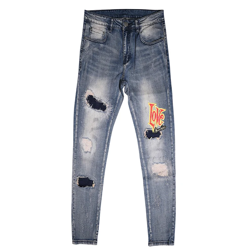Streetwear Fashion Men Jeans Retro Blue Stretch Slim Fit Ripped Jeans Men Hole Trousers Patched Designer Hip Hop Pants Hombre