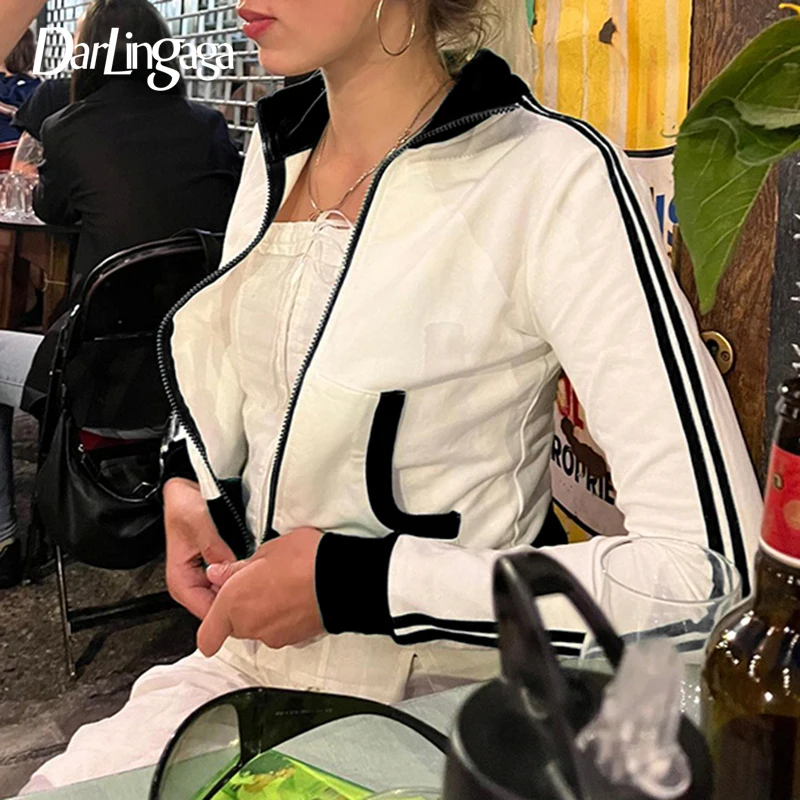 

Повседневная облегающая куртка Darlingaga с высоким воротником на молнии, женская спортивная осенняя куртка в байкерском стиле, корейские куртки в полоску в стиле пэчворк