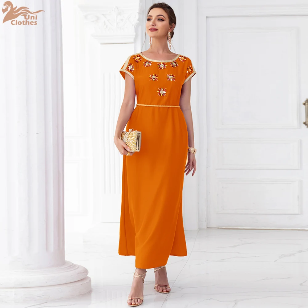 2024 женское платье макси с короткими рукавами и бриллиантами летний кафтан Дубай