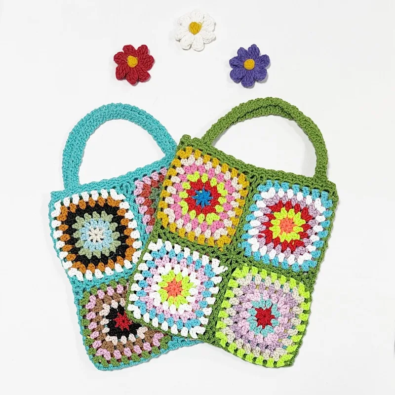 

NEW White Granny Square Handmade Crochet Bag Colorful Flowers Shoulder Bag Vintage Style Tote Bag Romantic Handbags DIY Kintting