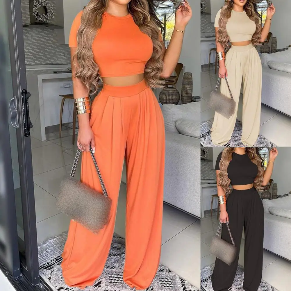 

Sweet Women Suit Solid Color Navel Exposed Soft Slim Top Wide Legs Suit