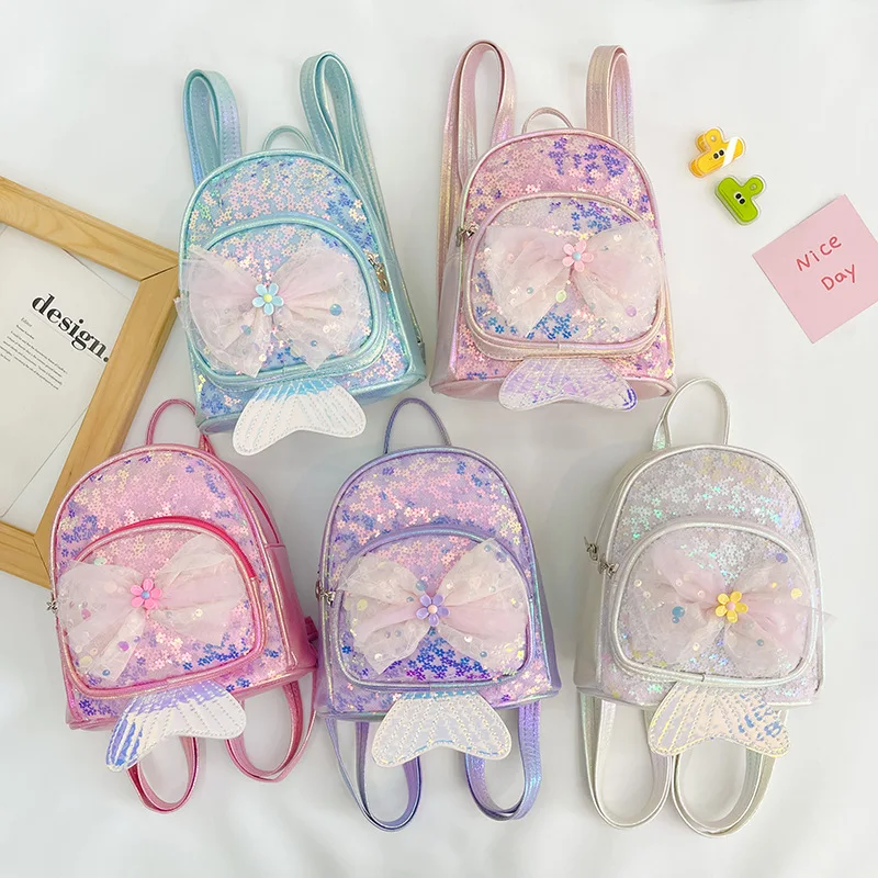 Children's Sequin Backpack Cute Bow Kids Kindergarten Mini Schoolbag Baby Girls Preschool Backpack Mermaid Toddler Snack Bags