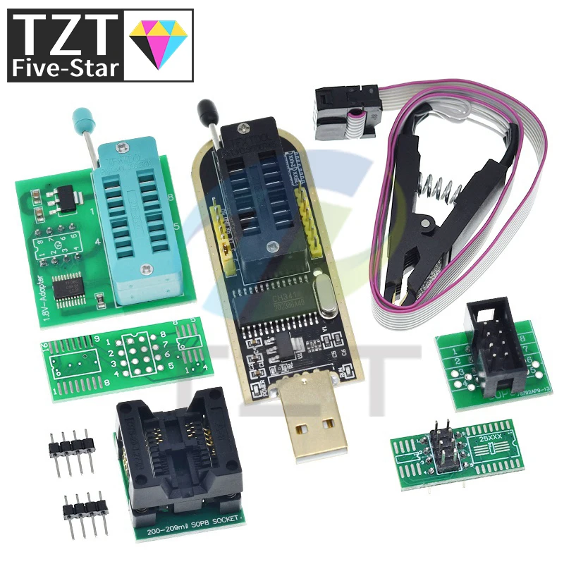 Программатор TZT CH341A CH341B 24 25 Series EEPROM модуль USB-программатора с флэш-BIOS + зажим SOIC8 SOP8