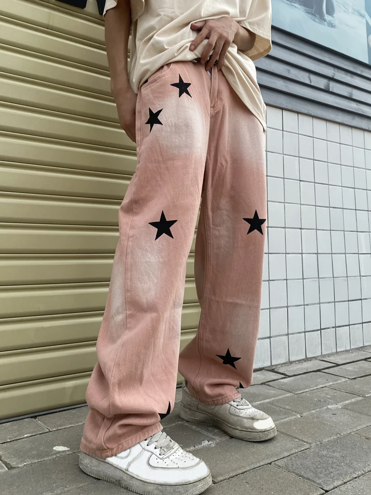 Men's Loose Jeans Straight FashionPrint Streetwear Man Pants Blue Baggy Jeans Comfy Wide Leg Trousers High Street Pants Clothes