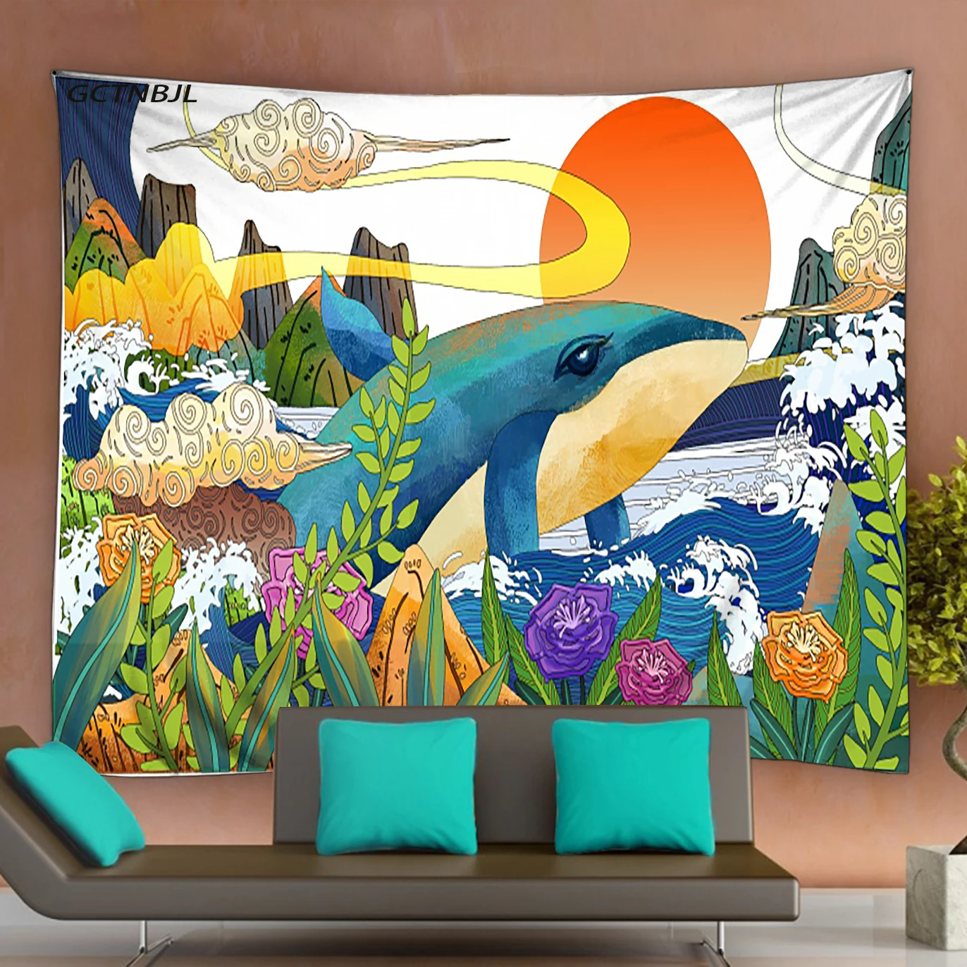 

Painted Whale Tapestry Wall Hanging Aesthetic Japanese Red Sun Waves Plants Fabric Background Wall living Room Decor Tapestry