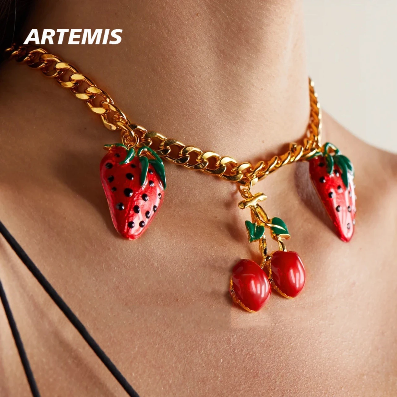 

Fashion Style Enamel Red Cherry Strawberry Plated 24K Gold Plating Chain Necklace Woman Jewelry Trend