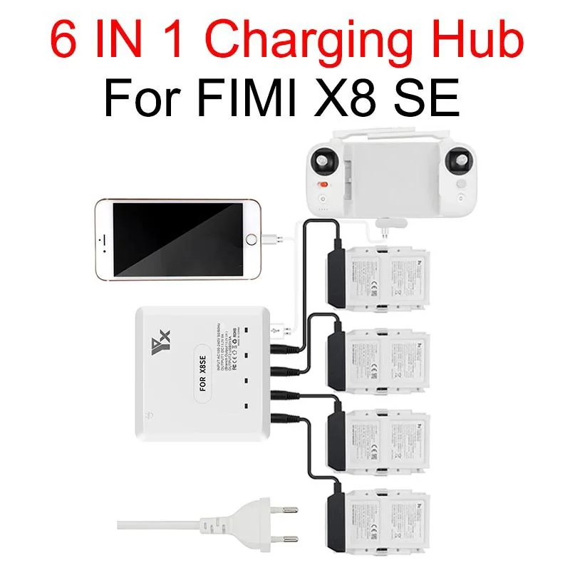 6 in 1 Battery Charger for XIAOMI FIMI X8 SE Drone Battery Charging Hub Fast Smart Battery Charger with USB Port