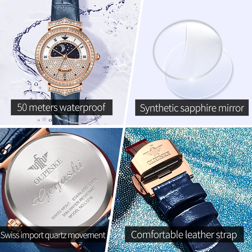 OUPINKE 3216 кварцевые часы с фазой Луны для женщин роскошные оригинальные ручные