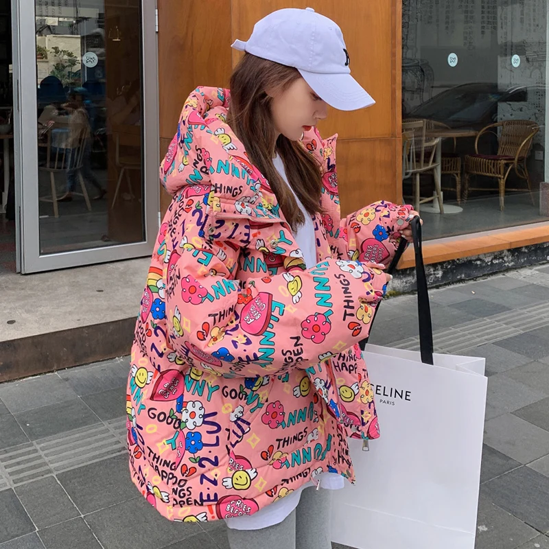 2021 New Letter Jacket Down Cotton Jackets Lady Winter Women's Korean Loose Thickening Hooded Mid-length Long-sleeve Warm Parkas