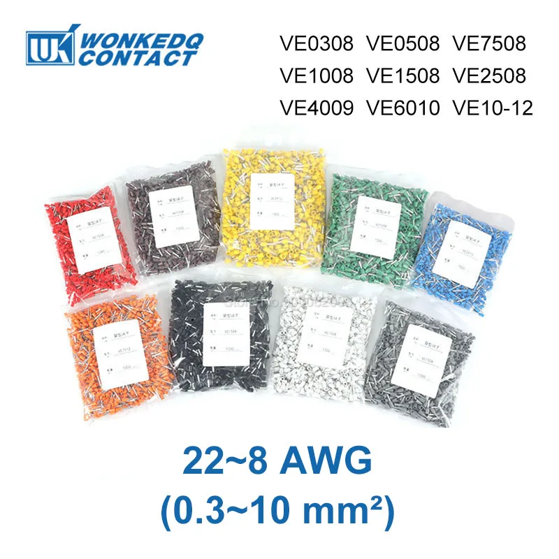 Обжимные соединители Ferrule 1000 шт. 0 3 ~ 10 мм ² 22-8 AWG с изоляцией для холодного