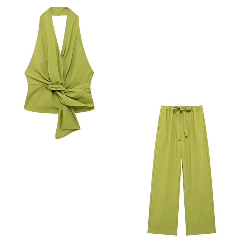 YUEYANG Женский Модный Комплект Из Топа И Брюк С Шейным Ремешком V-образным Вырезом