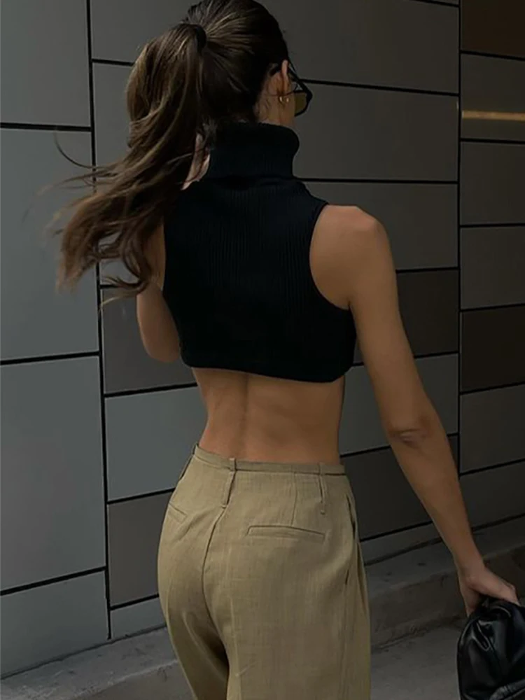 Y2k черный вязаный укороченный топ с высоким воротником женский сексуальный