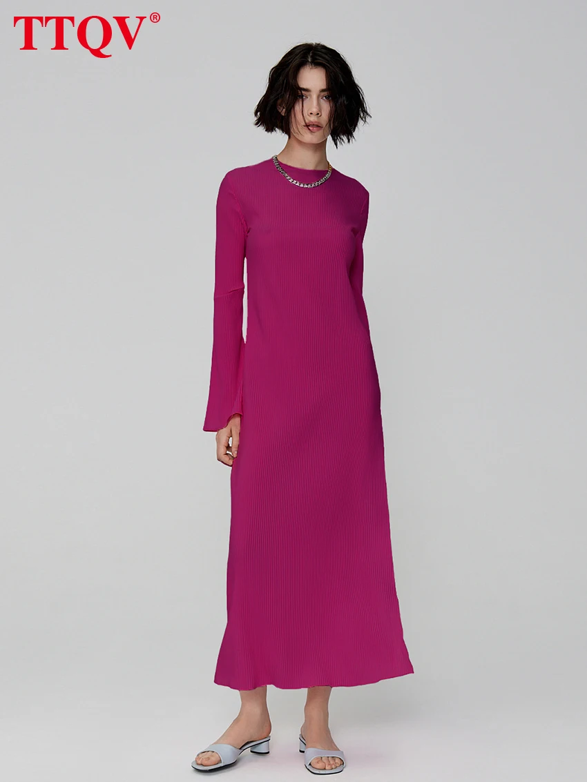 

TTQV Elegant Simple Pink Dresses For Women 2022 Autumn Casual O-neck Long Sleeve Dresses Fashion Side Slit Midi Dress Streetwear