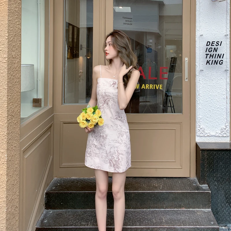 

Women One Piece Ladies Korea Dress Summer 2022 New French Style Vintage Print Spaghetti Strap Khaki Dresses Dropshipping