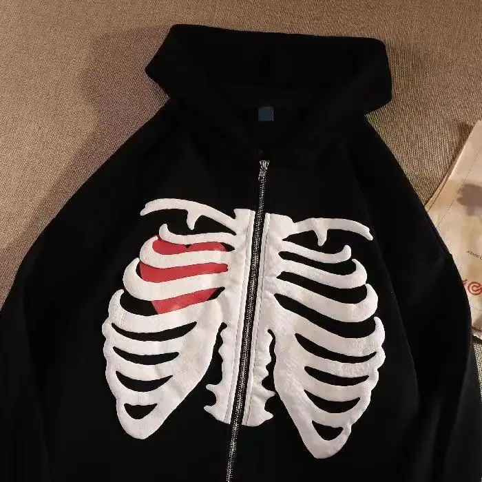 

Fashion Skeleton Print Anime Zip Up Vintage Hoodies Men Vintage Loose Black White Sweatshirt Harajuku Hoodies Men Women Jacket