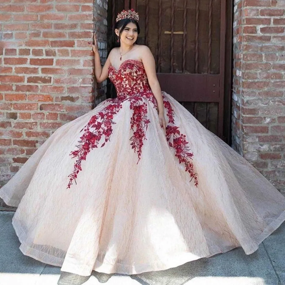 

Burgundy Flowers Quinceanera Dresses Sweet 16 Ball Gown 2022 Off The Shoulder Lace Appliques Pageant Party Princess With Lace-Up