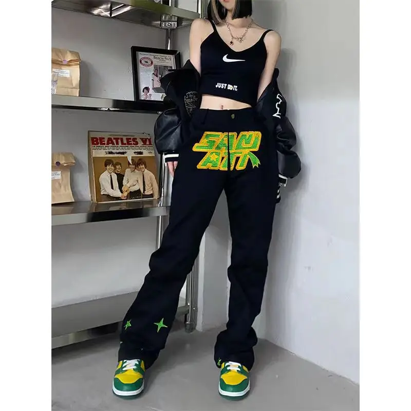 Cyber Y2K Pants Women Gothic Letter Print Trousers Punk Dark Jogger 90s Jeans Button Streetwear Black Long Pants