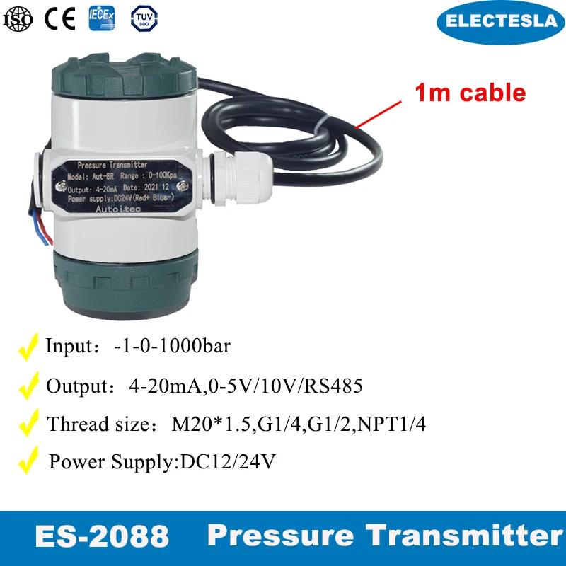 2088 Pressure Sensor 1000bar Water Diesel Fuel Tank 4-20mA DC24V Pressure Transmitter G1/4 Pressure Transmitter